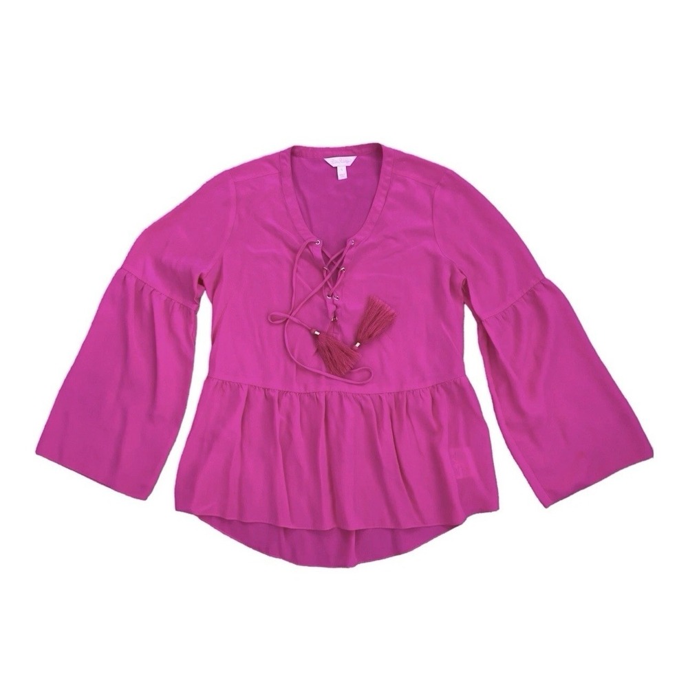 Lilly Pulitzer Milan‎ Top SZ S Magenta 100% Silk Long Sleeve Pink Tassel Detail